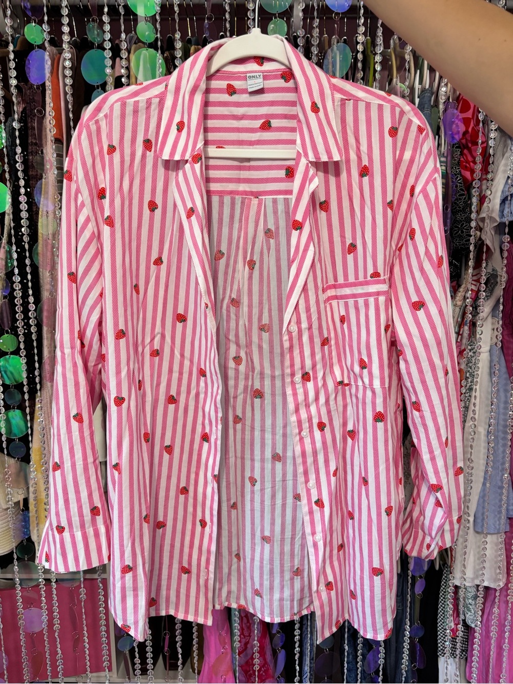 Strawberry Print Pink & White Striped Button-Up Shirt